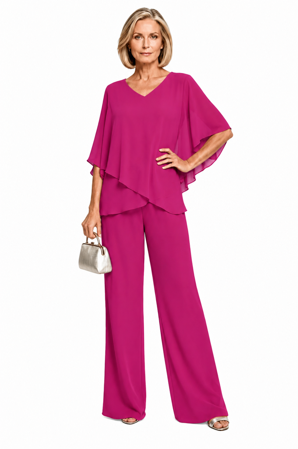 2-piece lounge set with draped V-neck blouse and wide-leg pants in bright pink