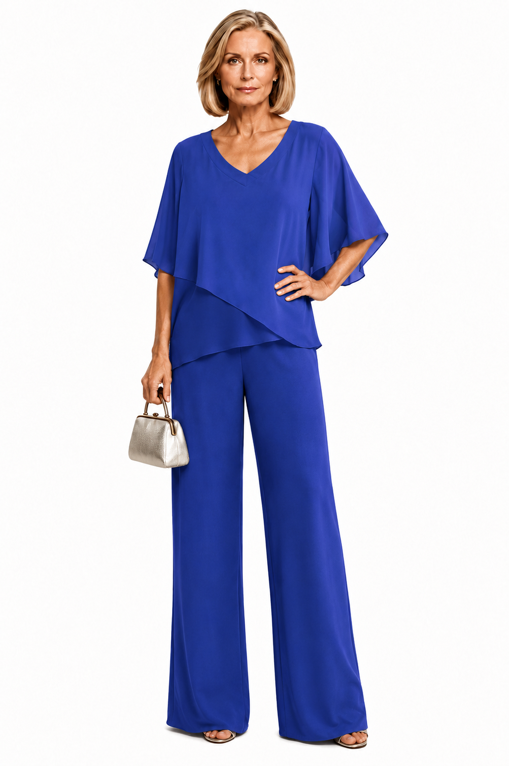 2-piece lounge set with draped V-neck blouse and wide-leg pants in royal blue