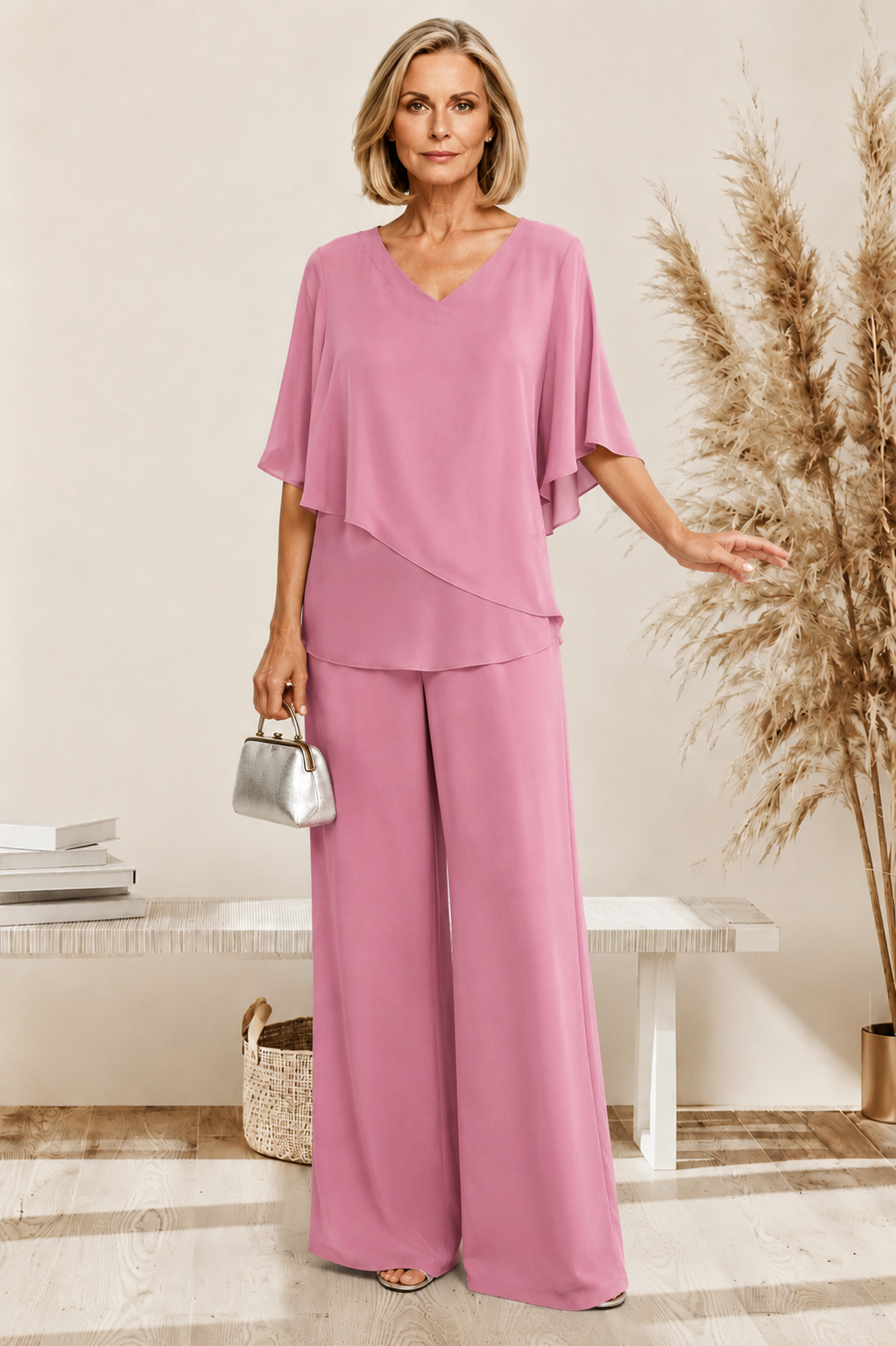 2-piece lounge set with draped V-neck blouse and wide-leg pants in dusty rose
