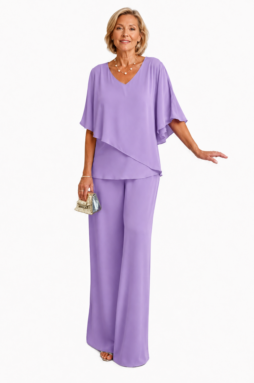 2-piece lounge set with V-neck blouse and wide-leg pants in lavender purple