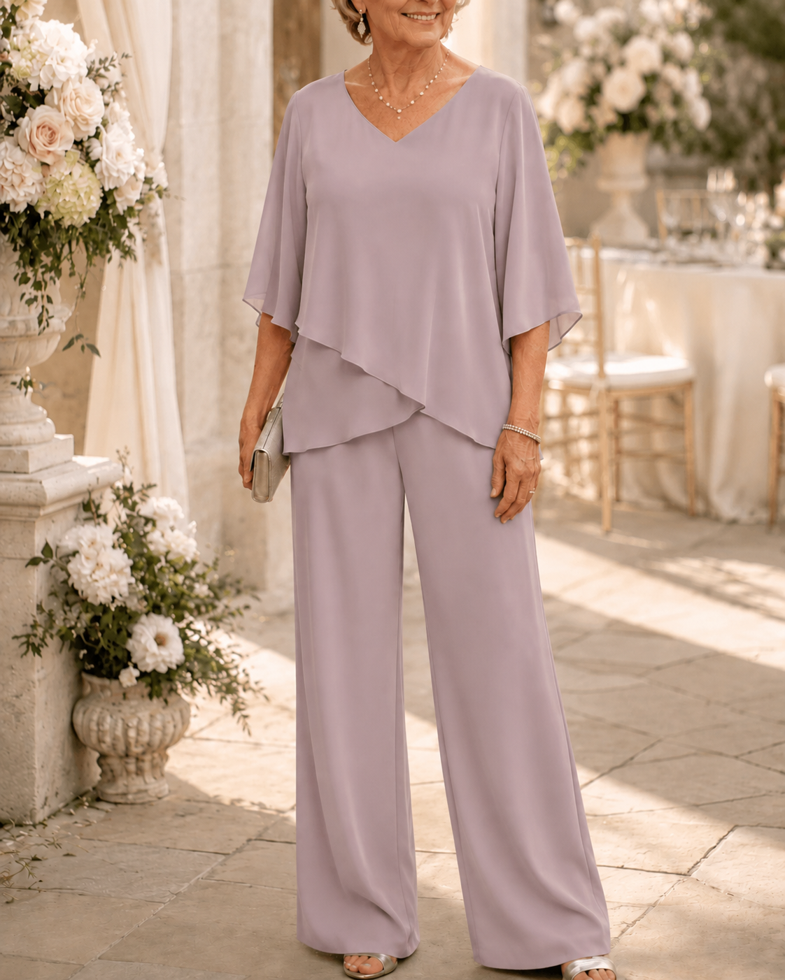 2-piece lounge set with draped V-neck blouse and wide-leg pants in light mauve