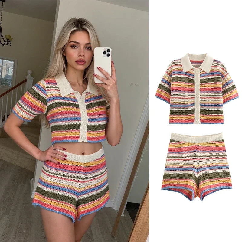 Gebreide Gestreepte Set Dames Polo Crop Top en Shorts