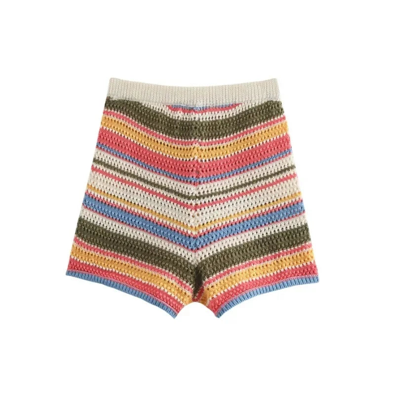 Gebreide Gestreepte Set Dames Polo Crop Top en Shorts