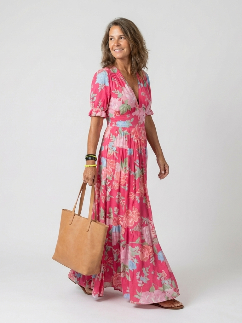 Dames Elegante Bloemenprint Midi Jurk met V-Hals