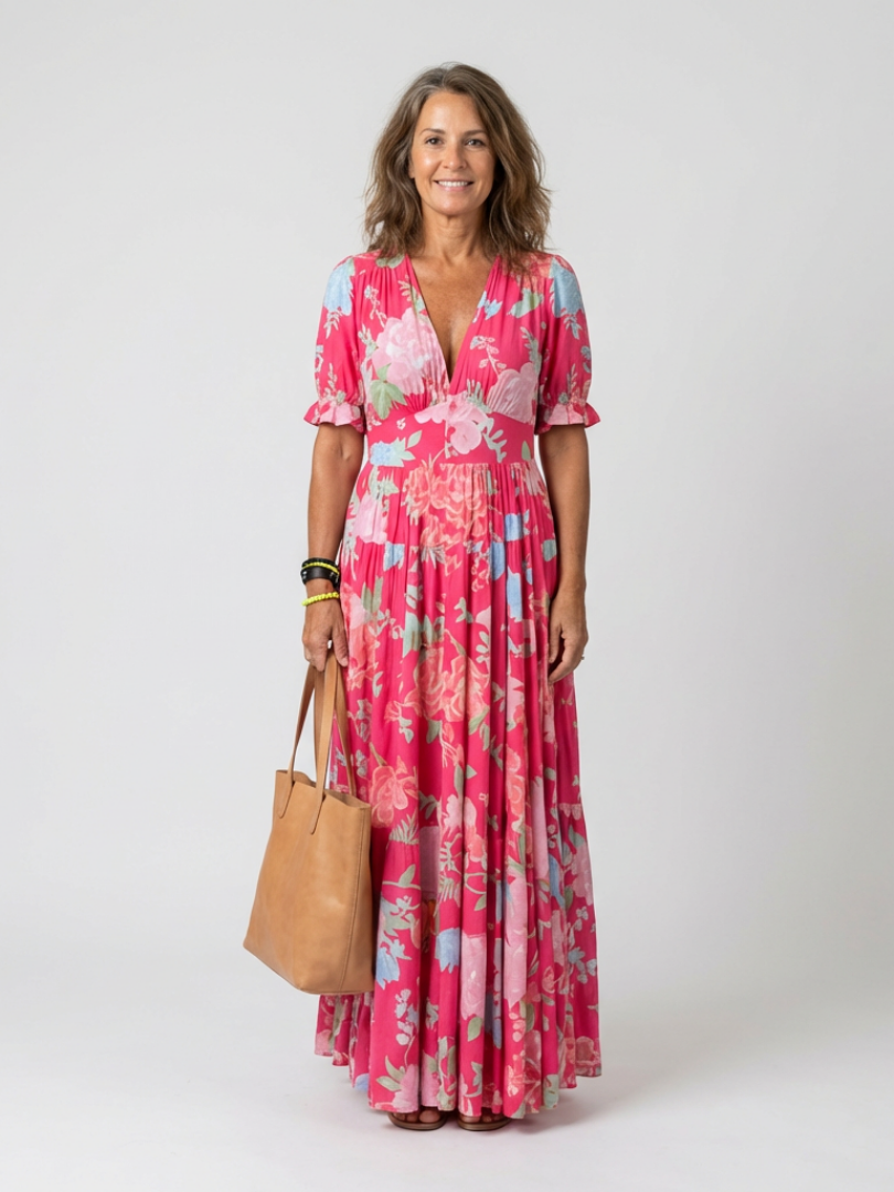 Dames Elegante Bloemenprint Midi Jurk met V-Hals