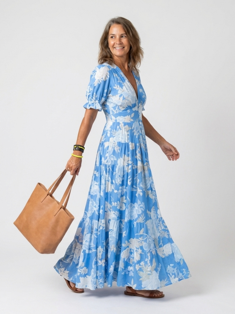 Dames Elegante Bloemenprint Midi Jurk met V-Hals