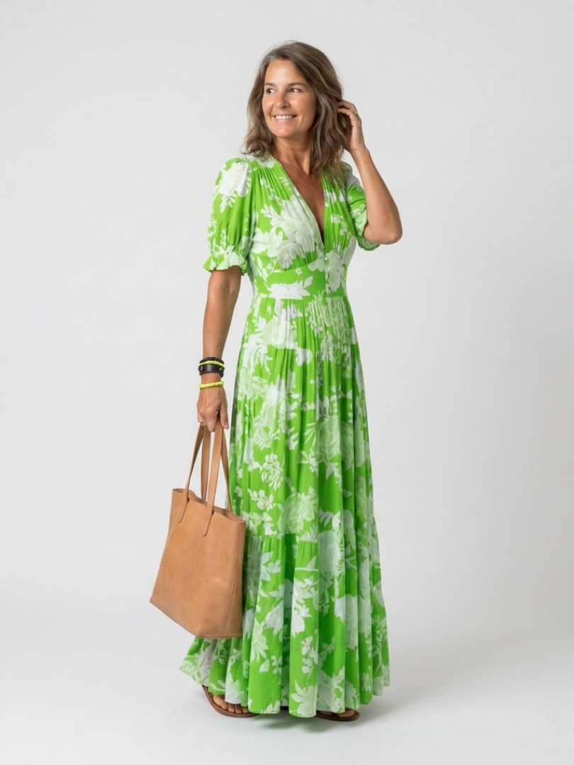 Dames Elegante Bloemenprint Midi Jurk met V-Hals