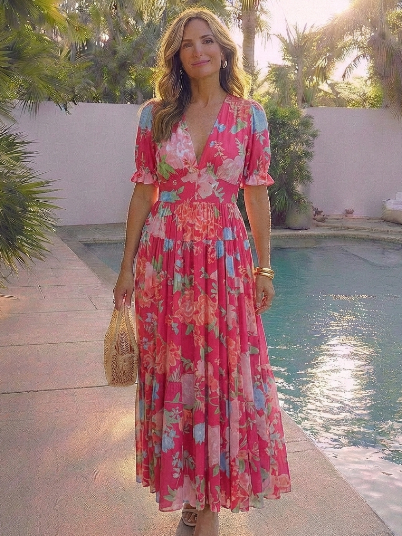 Dames Elegante Bloemenprint Midi Jurk met V-Hals