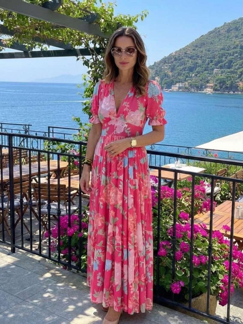 Dames Elegante Bloemenprint Midi Jurk met V-Hals