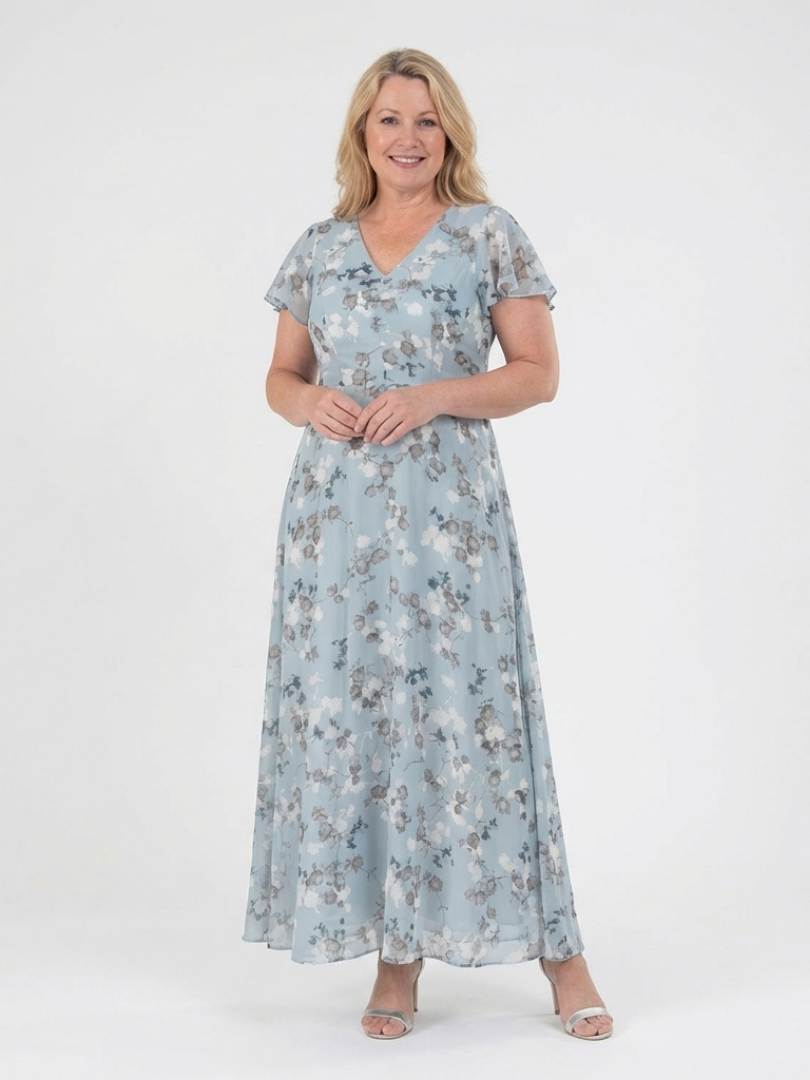 Dames Elegante Bloemen Chiffon Maxi Jurk met V-Hals