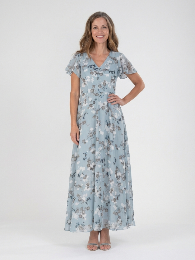 Dames Elegante Bloemen Chiffon Maxi Jurk met V-Hals