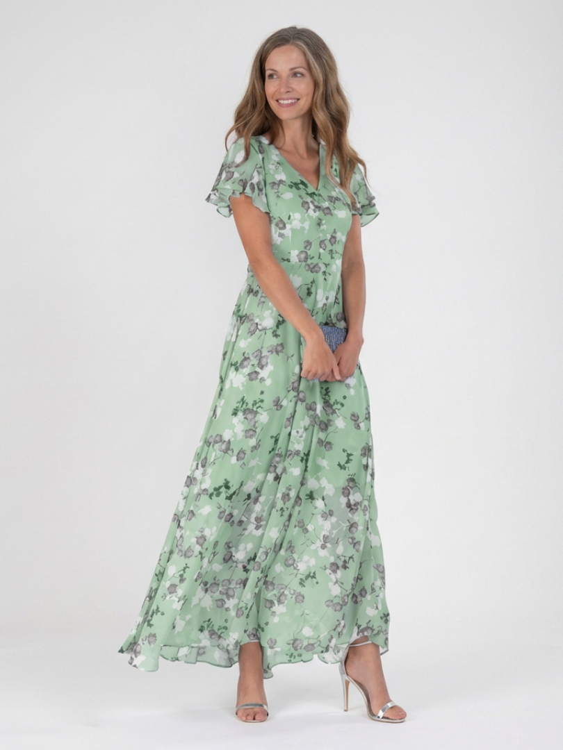 Dames Elegante Bloemen Chiffon Maxi Jurk met V-Hals