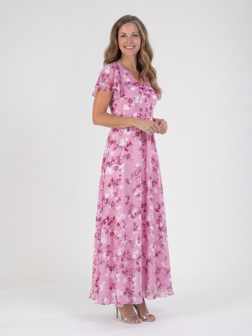 Dames Elegante Bloemen Chiffon Maxi Jurk met V-Hals