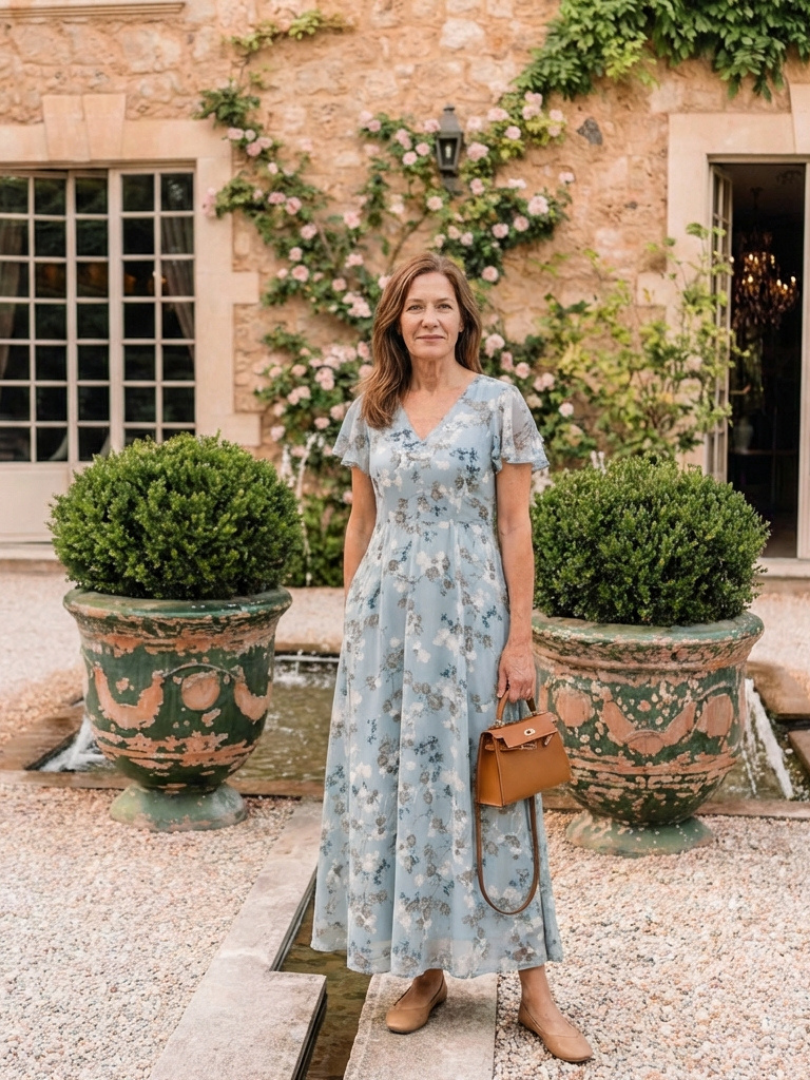 Dames Elegante Bloemen Chiffon Maxi Jurk met V-Hals