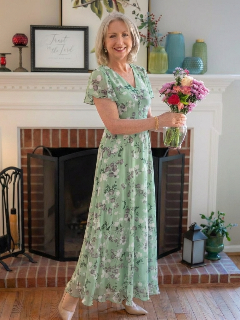 Dames Elegante Bloemen Chiffon Maxi Jurk met V-Hals