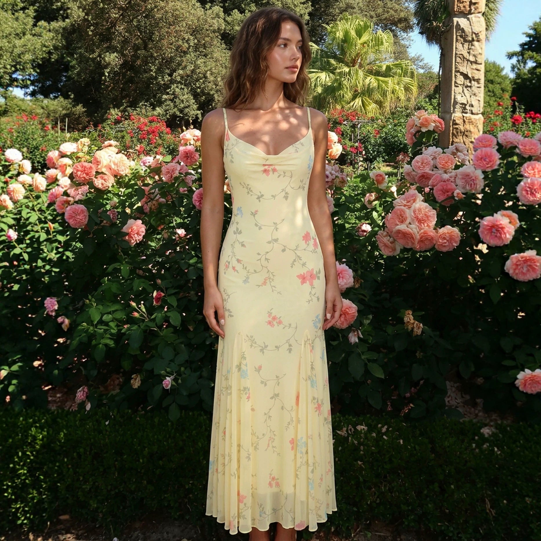 Franse Bloemen Camisole Maxi Jurk Hoge Taille Visstaart Zomer