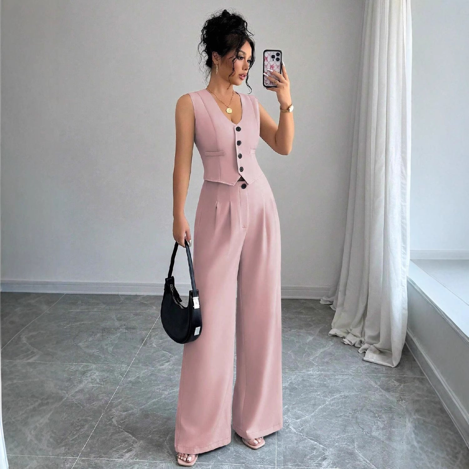 Dames V-hals Vest en Hoge Taille Broek Set Elegant