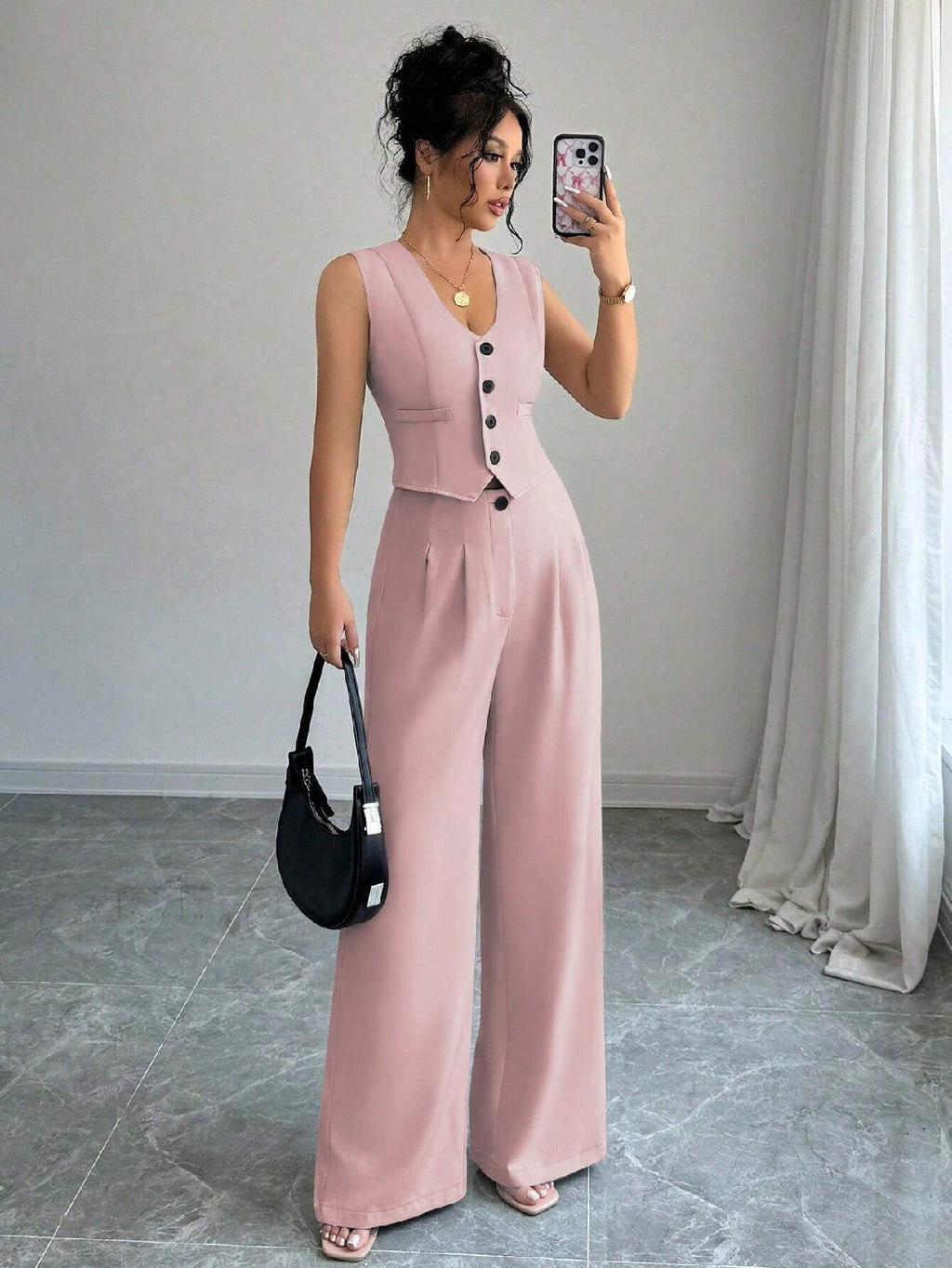 Dames V-hals Vest en Hoge Taille Broek Set Elegant