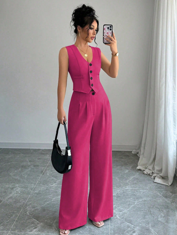 Dames V-hals Vest en Hoge Taille Broek Set Elegant