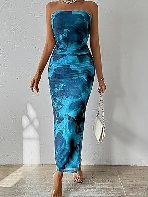 Strapless Bloemen Maxi Jurk Mouwloos Getailleerd Zomer Dames