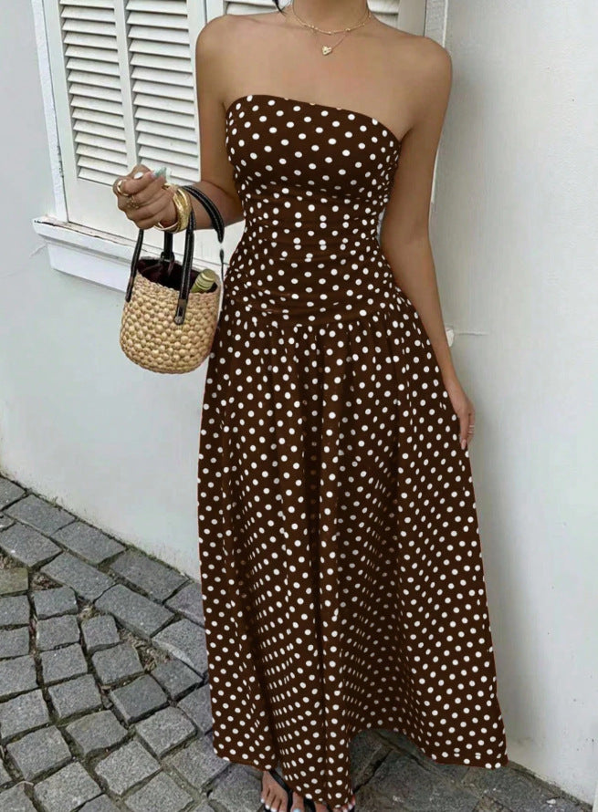 Polka Dot Mouwloze Hoge Hals Slim Fit Ruffle Maxi Jurk