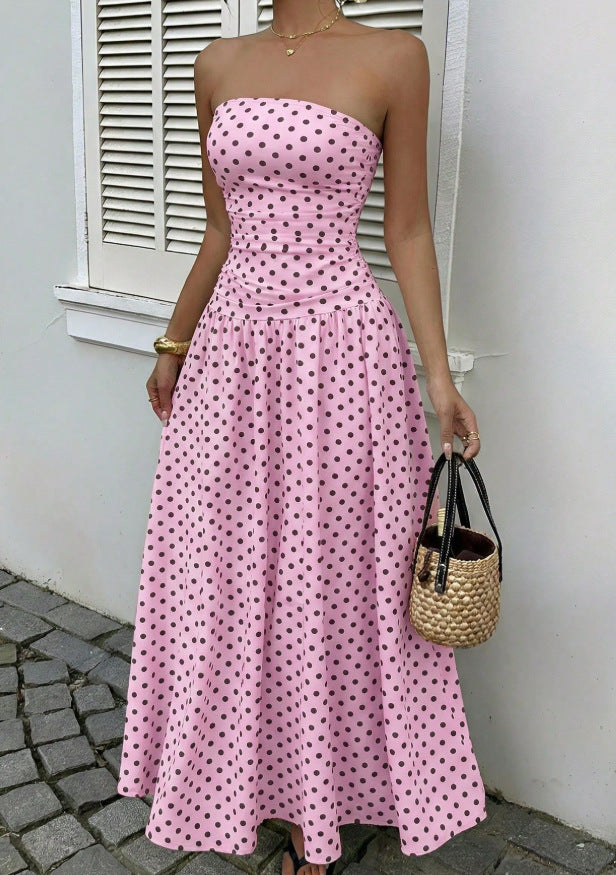 Polka Dot Mouwloze Hoge Hals Slim Fit Ruffle Maxi Jurk