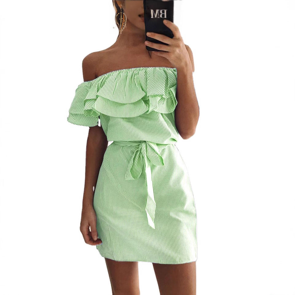 Europese Stijl Gestreepte Off-Shoulder Mini-Jurk met Ruches
