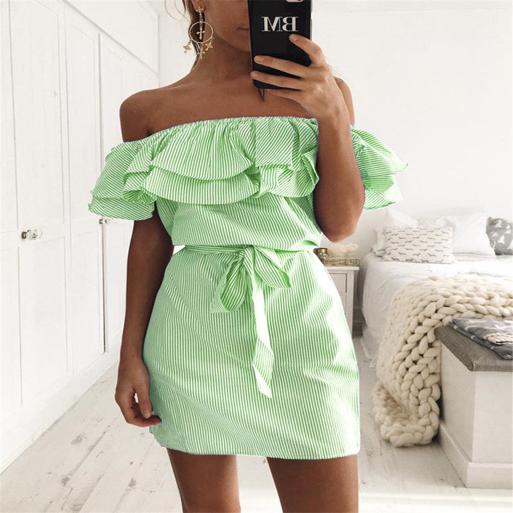 Europese Stijl Gestreepte Off-Shoulder Mini-Jurk met Ruches