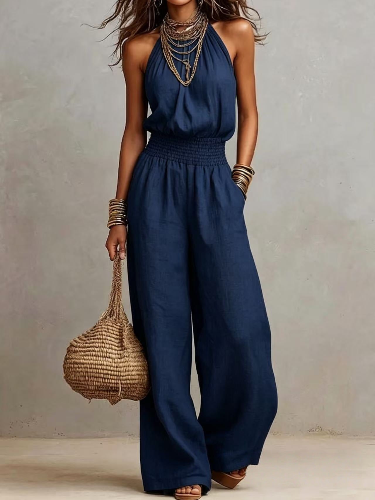 Mouwloze Linnen Jumpsuit met Open Rug voor Dames