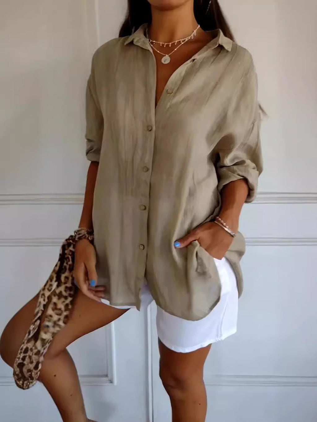 Geplooide Blouse met Revers en Knopen Lange Mouw Losse Pasvorm