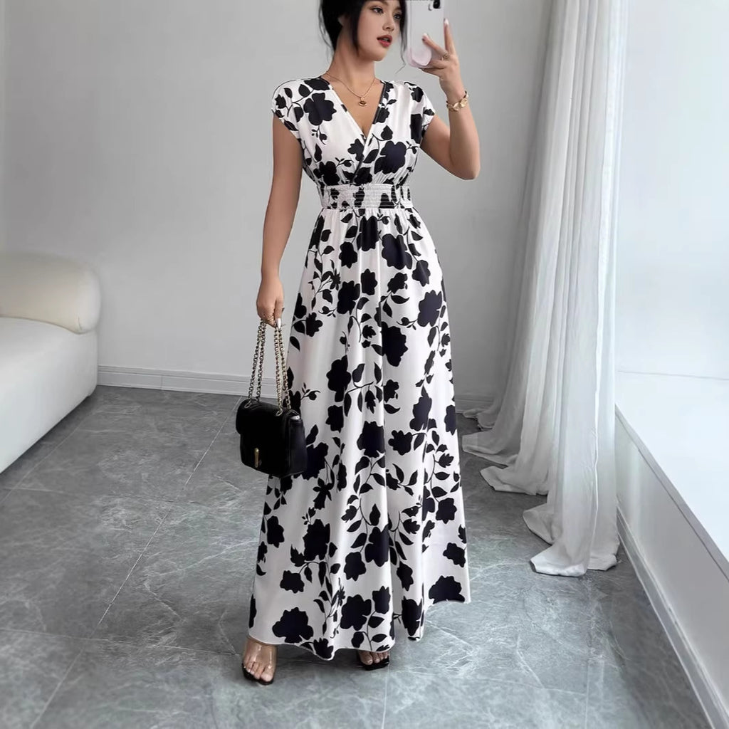 V-hals Maxi Jurk met Bloemenprint en Taille-ceintuur