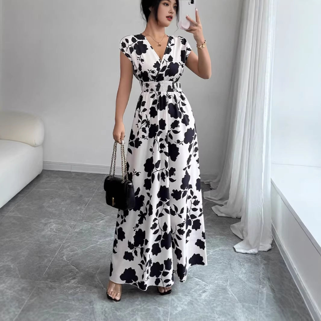 V-hals Maxi Jurk met Bloemenprint en Taille-ceintuur