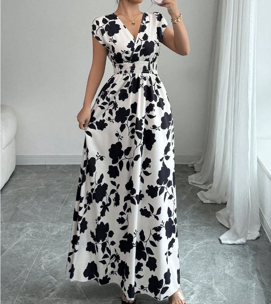 V-hals Maxi Jurk met Bloemenprint en Taille-ceintuur