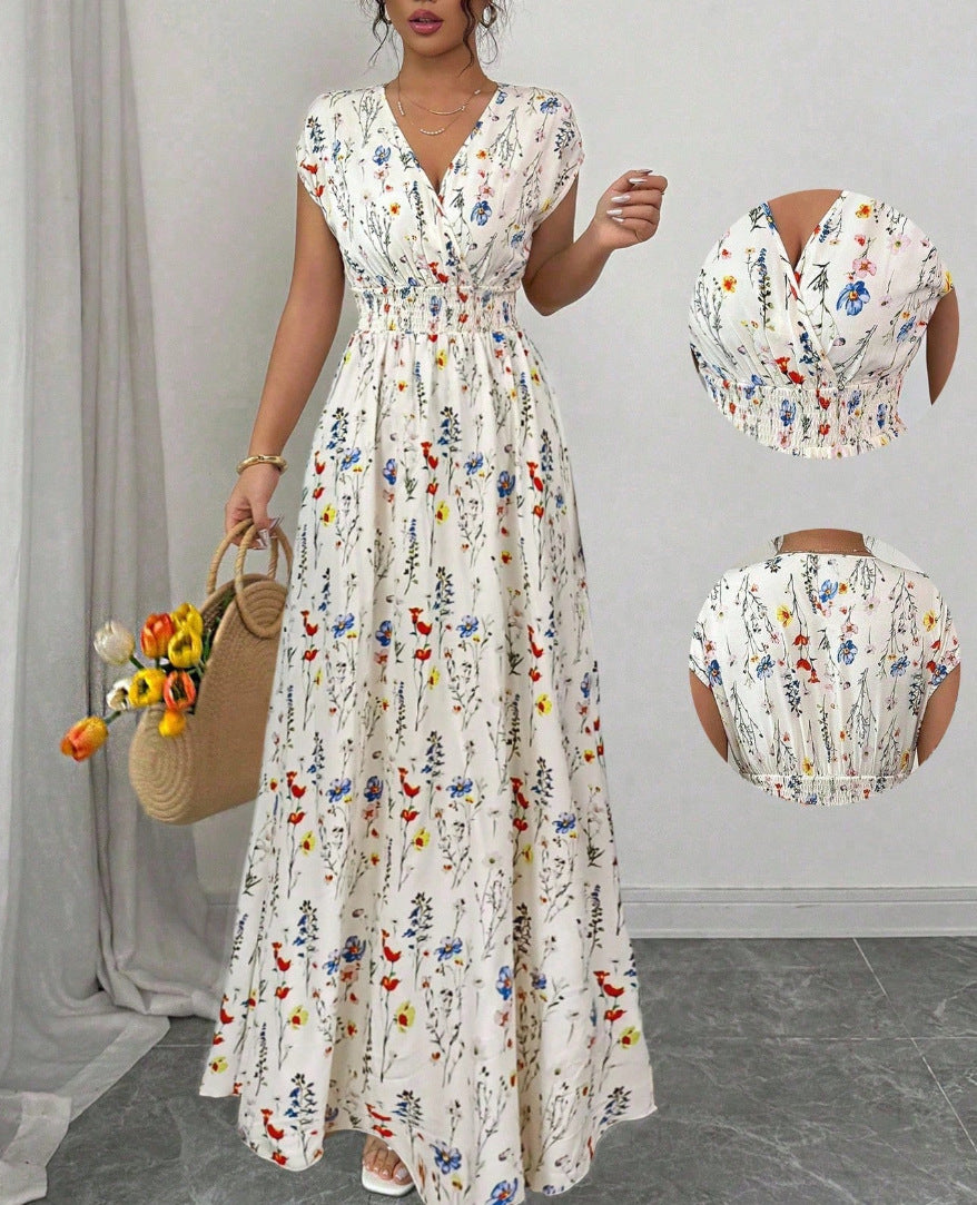V-hals Maxi Jurk met Bloemenprint en Taille-ceintuur