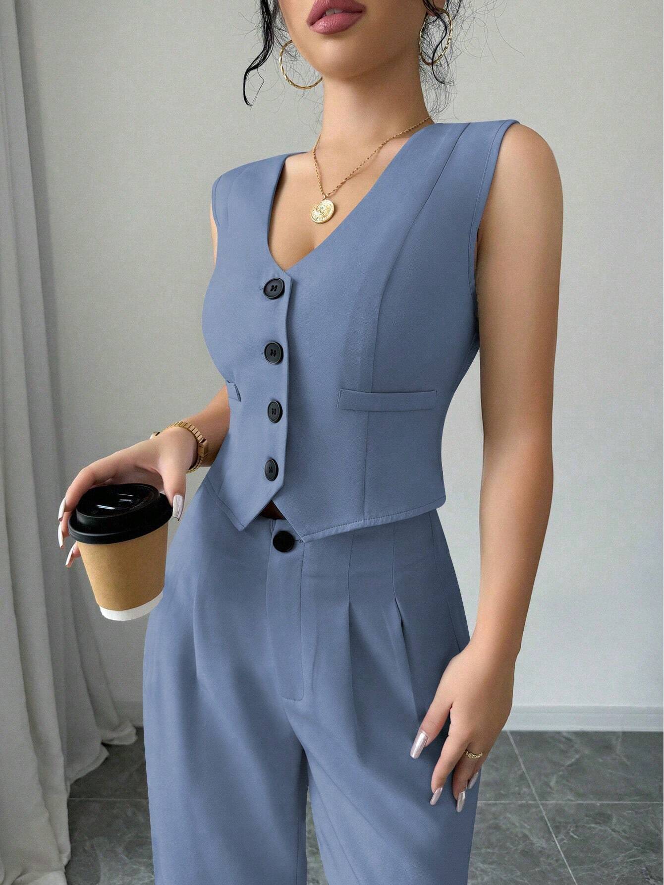 Dames V-hals Vest en Hoge Taille Broek Set Elegant