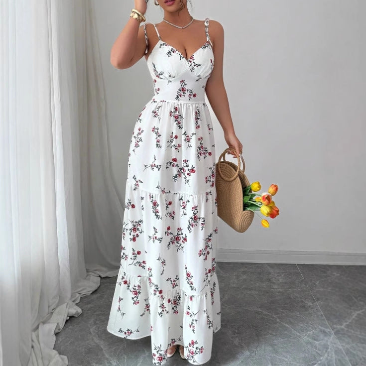 V-hals Bloemen Maxi Jurk met Spaghettibandjes Wit