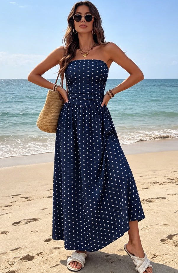 Polka Dot Mouwloze Hoge Hals Slim Fit Ruffle Maxi Jurk