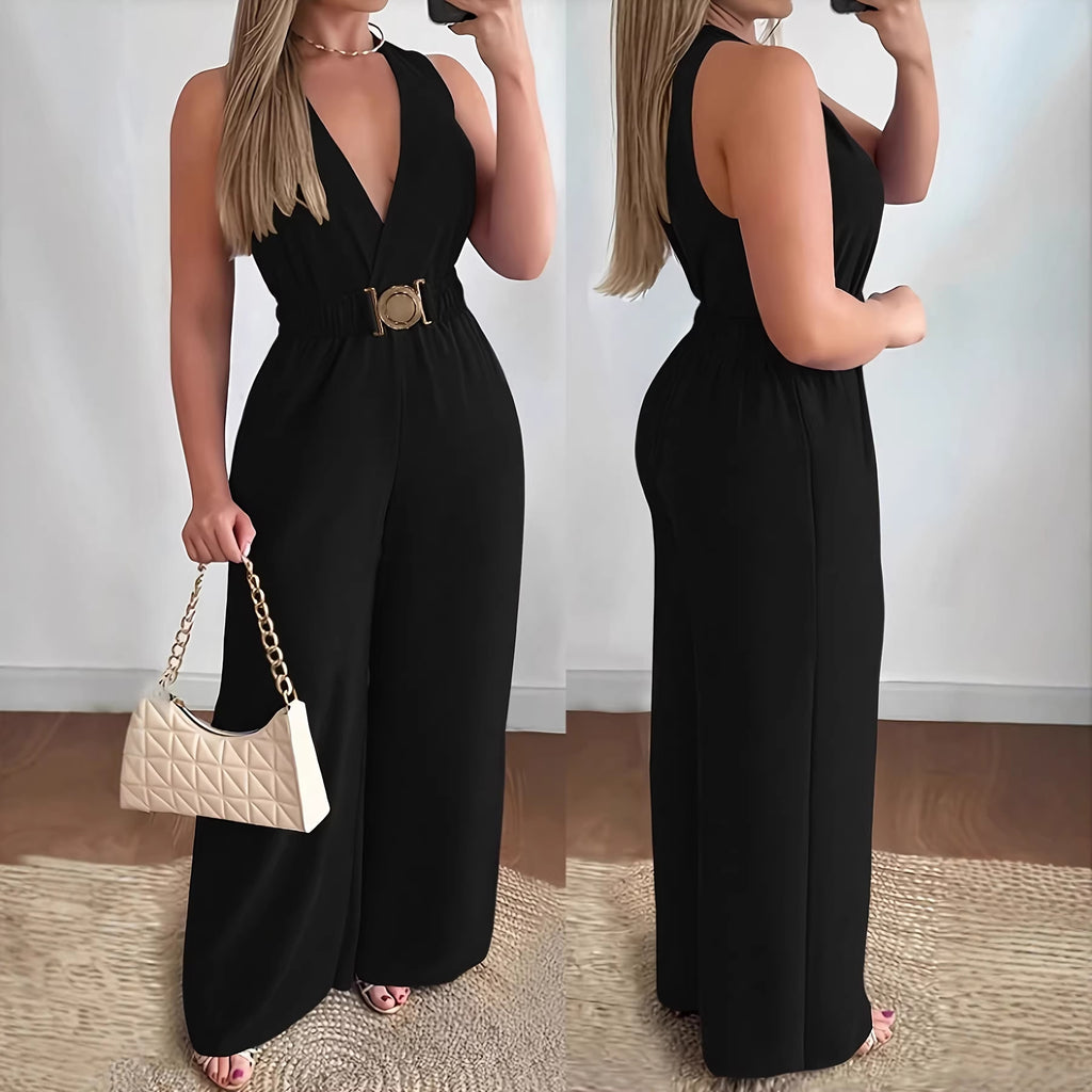 Elegante Mouwloze Jumpsuit met Diepe V-Hals en Wijde Pijpen