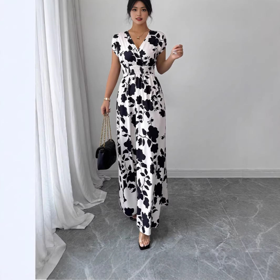 V-hals Maxi Jurk met Bloemenprint en Taille-ceintuur