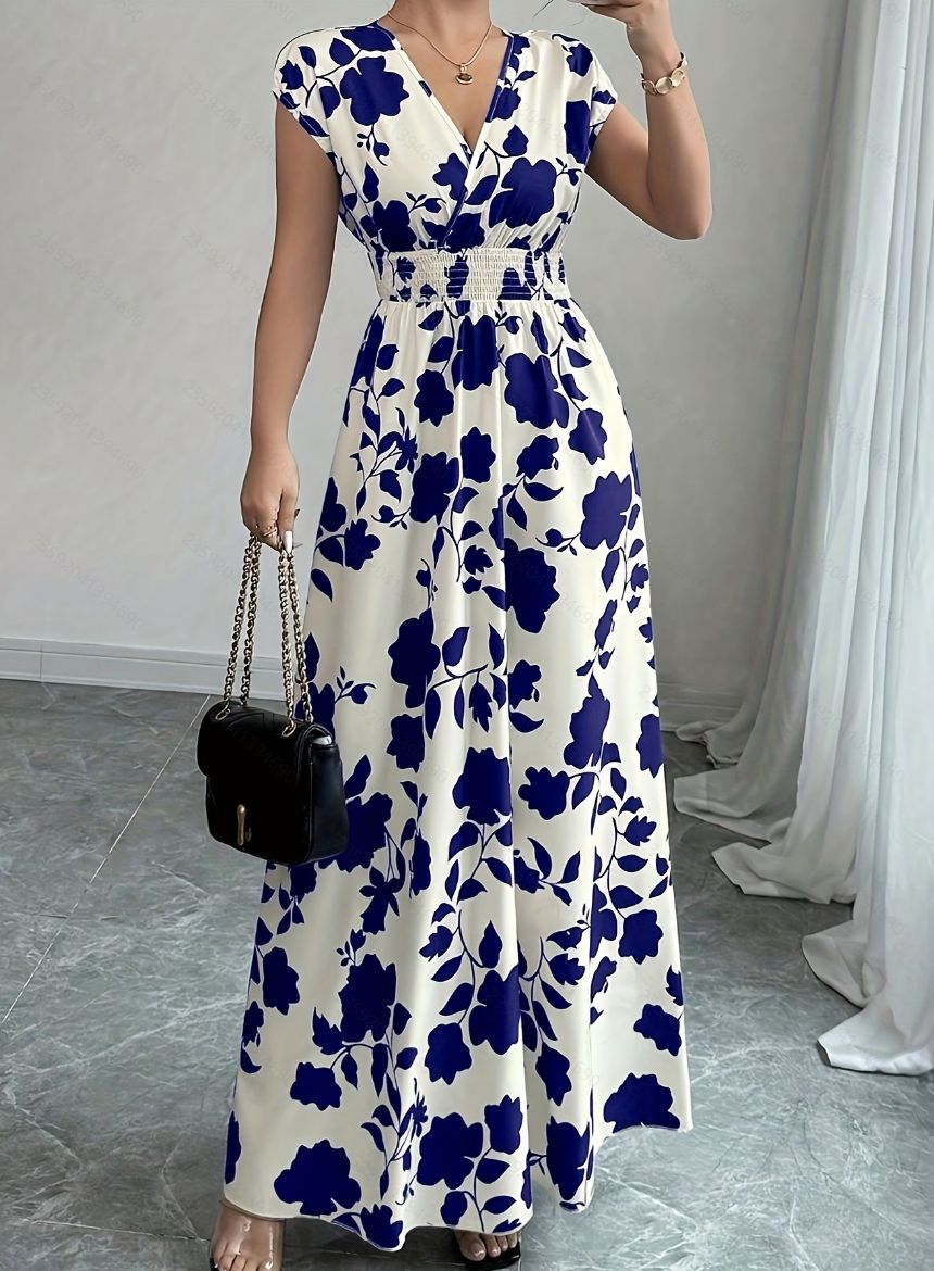V-hals Maxi Jurk met Bloemenprint en Taille-ceintuur
