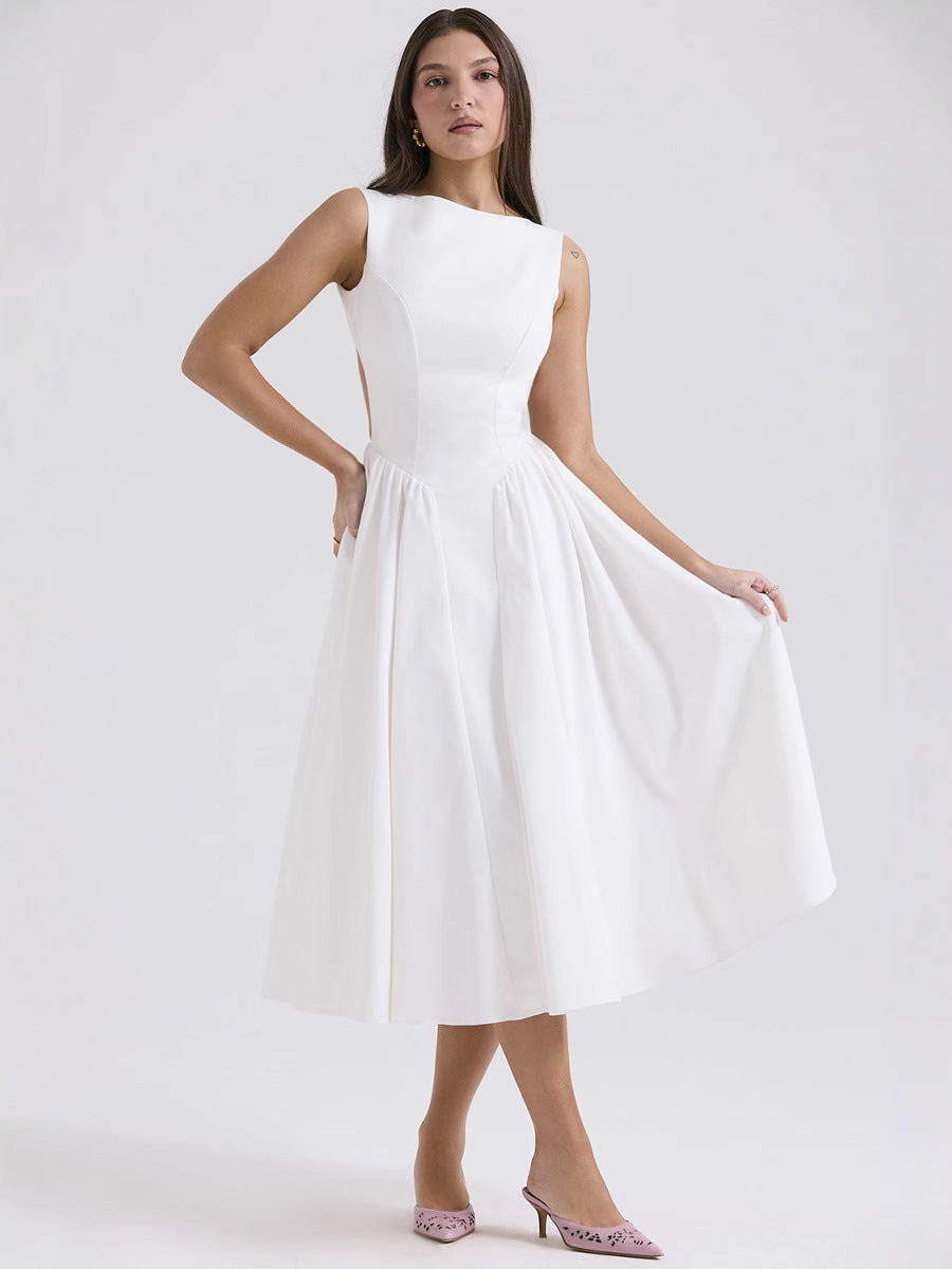 Sexy A-Lijn Zomerjurk Mouwloos Rugvrij Effen Polyester Wit Elegant
