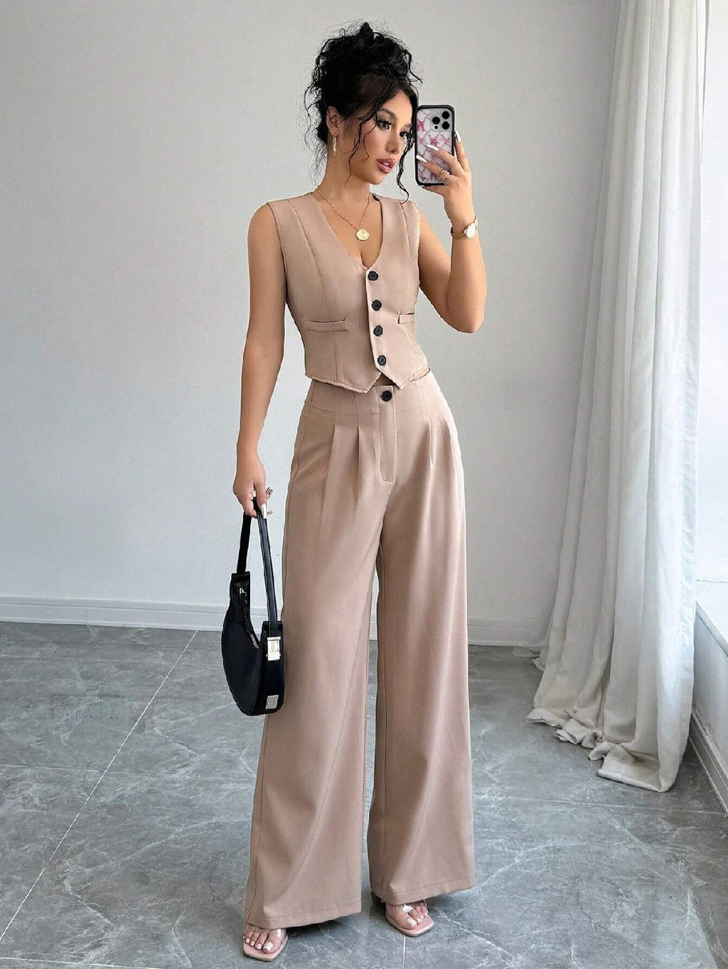 Dames V-hals Vest en Hoge Taille Broek Set Elegant
