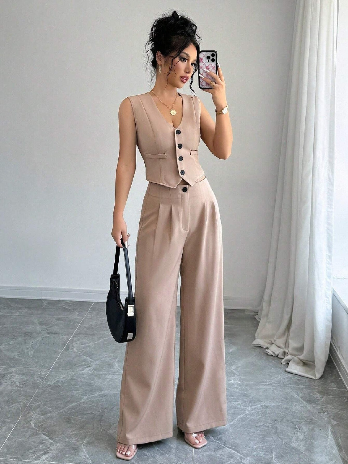 Dames V-hals Vest en Hoge Taille Broek Set Elegant