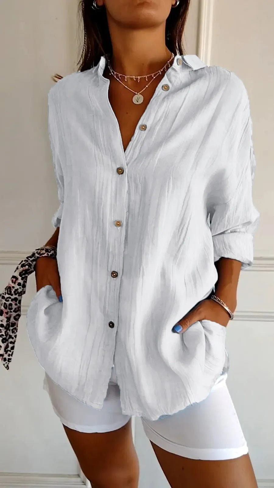 Geplooide Blouse met Revers en Knopen Lange Mouw Losse Pasvorm