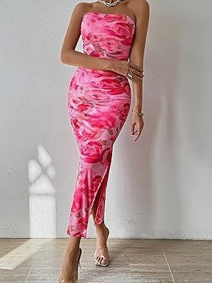 Strapless Bloemen Maxi Jurk Mouwloos Getailleerd Zomer Dames