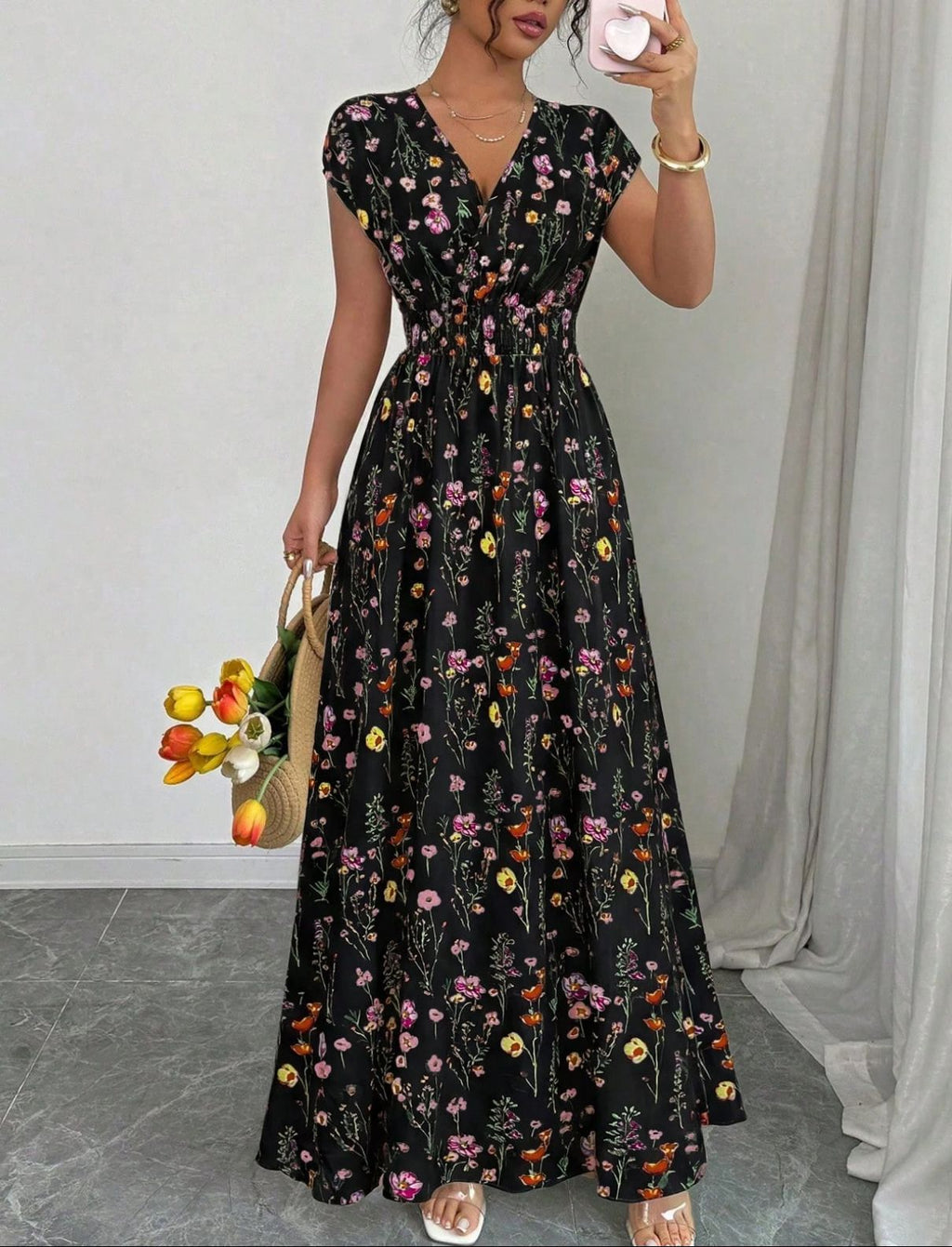 V-hals Maxi Jurk met Bloemenprint en Taille-ceintuur