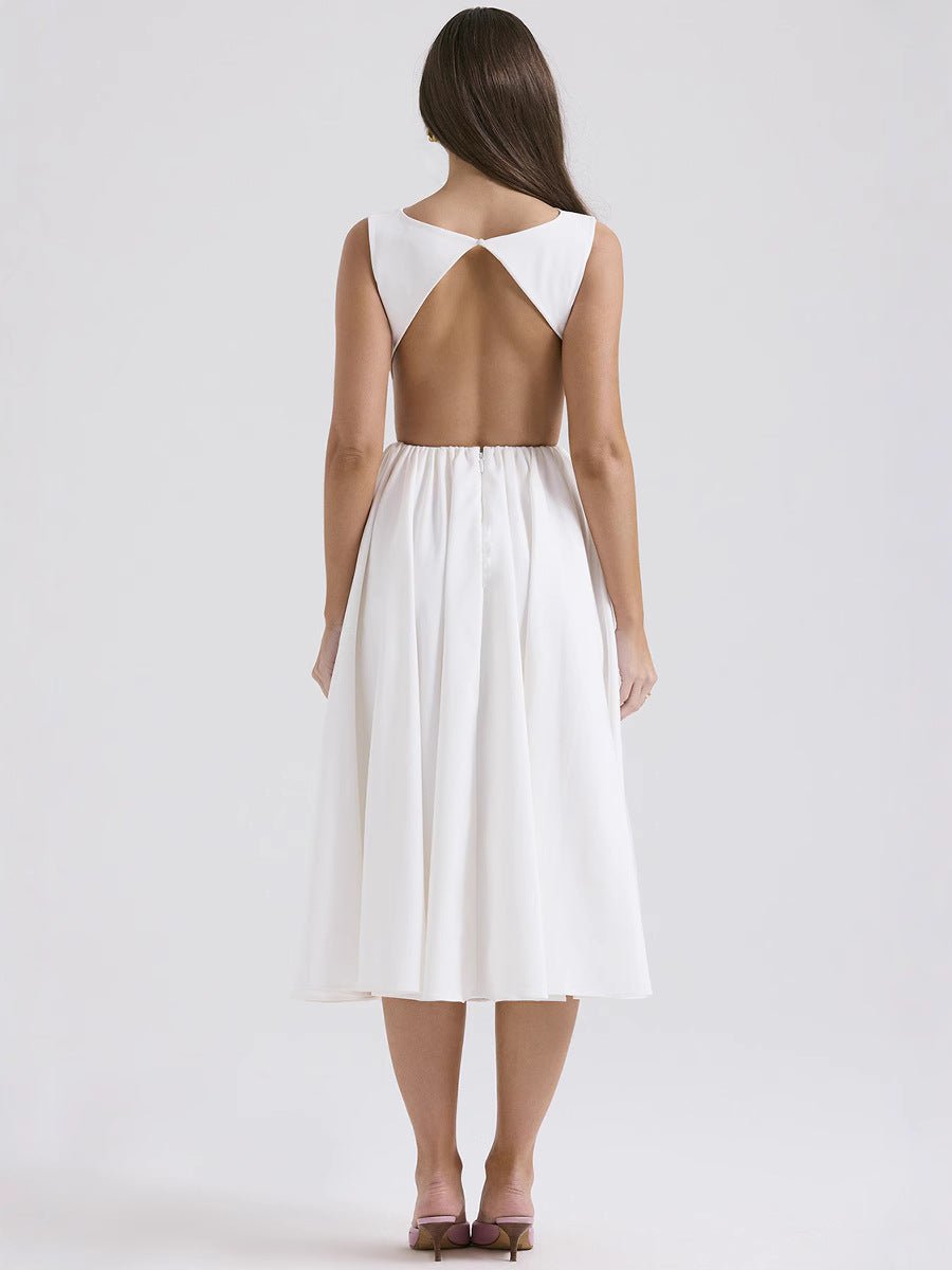 Sexy A-Lijn Zomerjurk Mouwloos Rugvrij Effen Polyester Wit Elegant