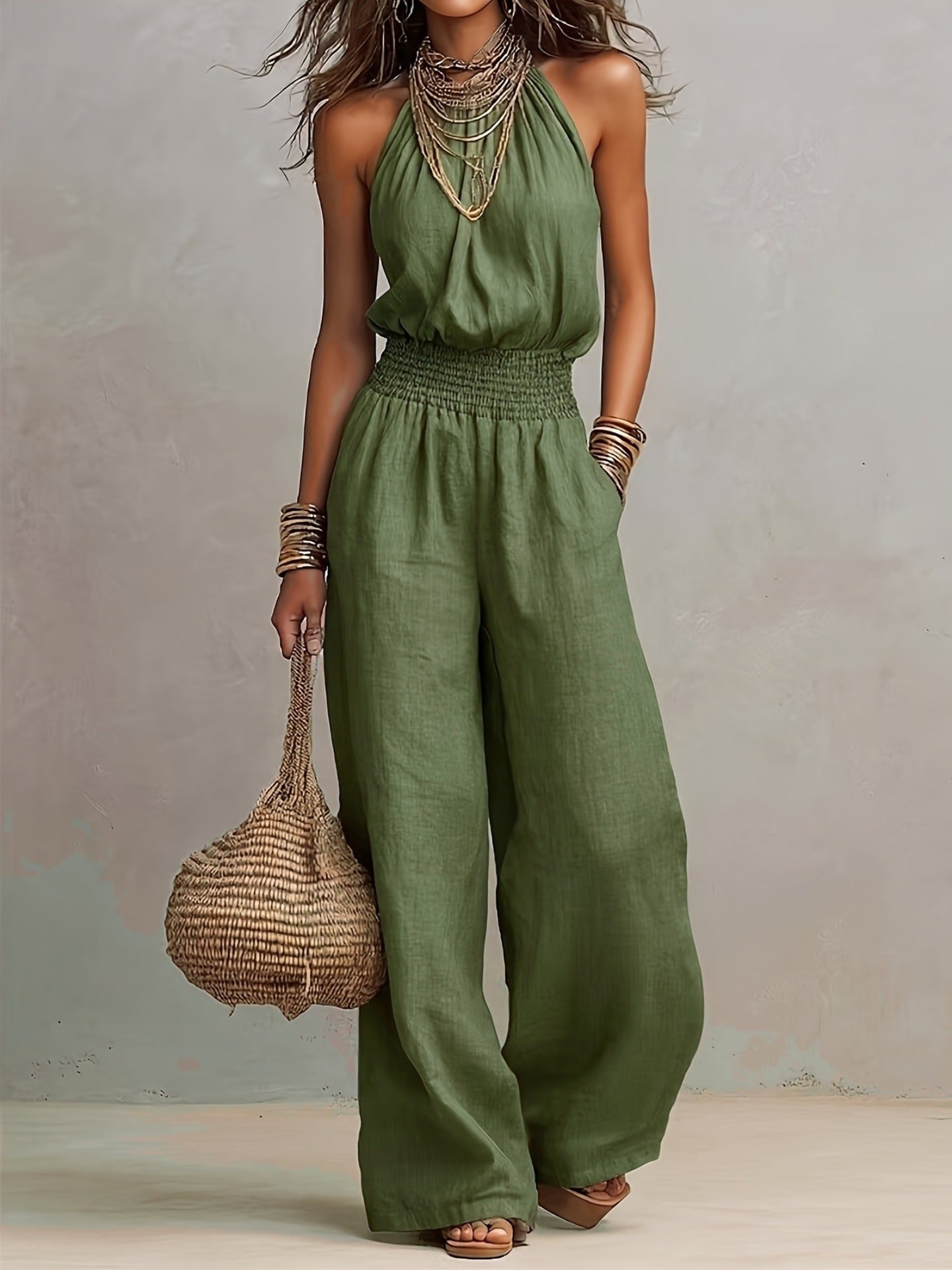 Mouwloze Linnen Jumpsuit met Open Rug voor Dames