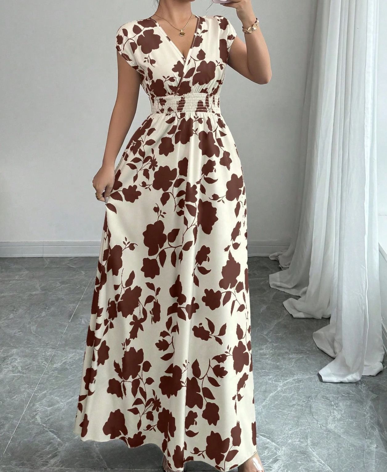 V-hals Maxi Jurk met Bloemenprint en Taille-ceintuur