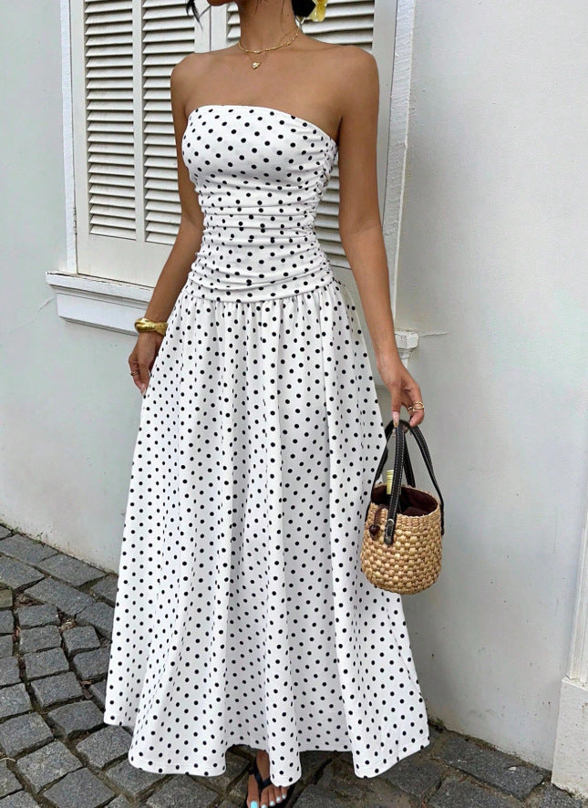 Polka Dot Mouwloze Hoge Hals Slim Fit Ruffle Maxi Jurk
